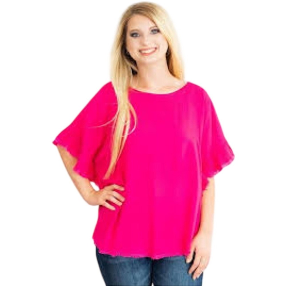 Hot‎ Pink Linen Blend Ruffle Sleeve Frayed Hem Boho Top Small NWOT